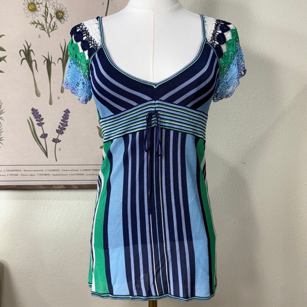 Y2k Striped Crochet Knit Babydoll Top SoCal Preppy Coastal Granddaughter Beach S - Picture 4 of 9